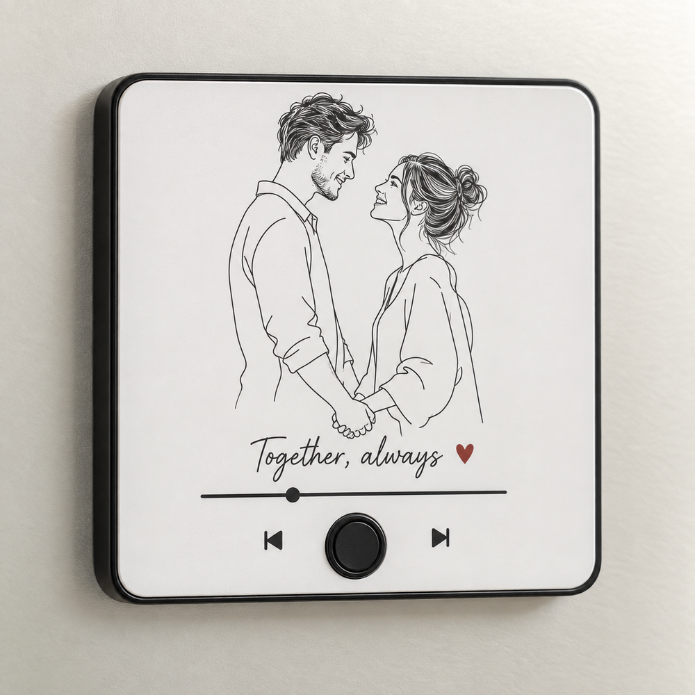 Black music fridge magnet with a line drawing of a couple holding hands, Together always caption and plain black button.
