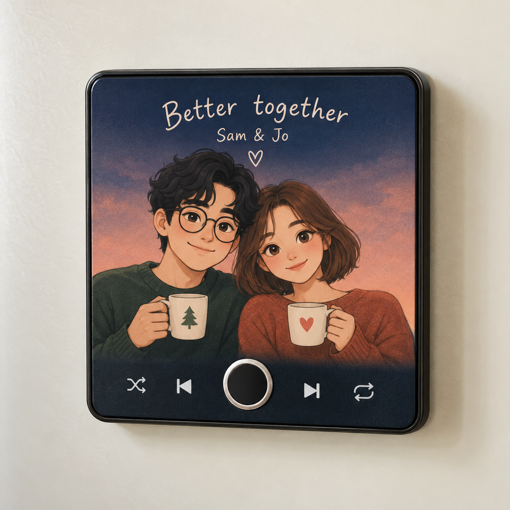 Black music fridge magnet with original illustrated Sam and Jo holding mugs, Better together caption and silver-ring button.