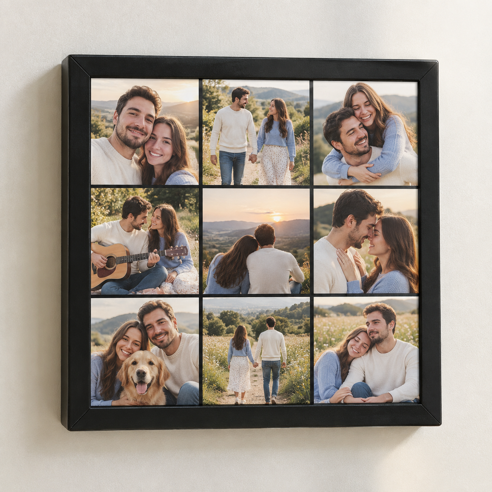 Black framed music fridge magnet with nine countryside photographs of a couple in a three by three grid.