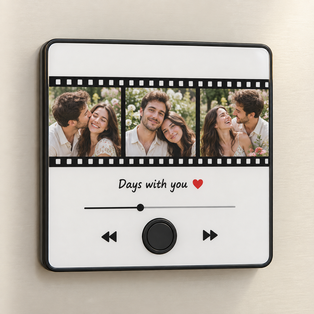 Black music fridge magnet with three couple photos in a film strip, Days with you caption and plain black button.