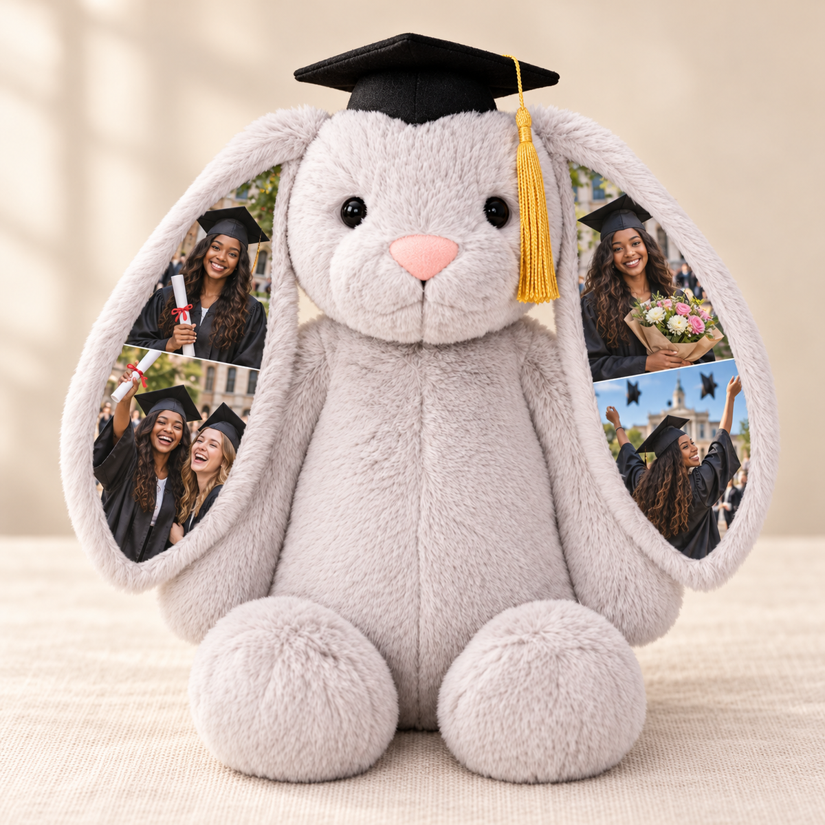 Personalized Graduation Bunny Plush – Photo & Embroidered Name with example custom photographs