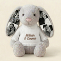 Grey personalized photo bunny plush — Custom Ears & Sweater (4 Photos). Example personalization.
