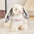 White personalized photo bunny plush — Custom Ears & Sweater (4 Photos). Example personalization.